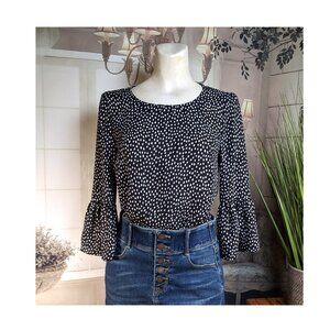 ELLE Women’s XS Blouse Top 3/4 Bell Sleeve Black White Polka Dot NWOT